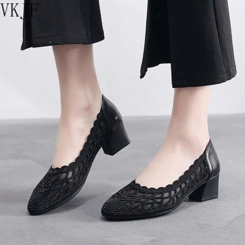 Mom Sandals Summer New Fashion Mid-heel Rhinestone Mesh Leather Soft Sole Baotou Thick Heel Middle-aged Breathable Womens Shoes