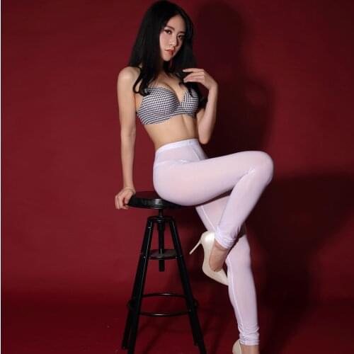 Sexy See Through Leggings Women Ice Silk Shiny Open Crotch Long Sheer Transparent Slim Pants See Through Elastic Pencil Pants