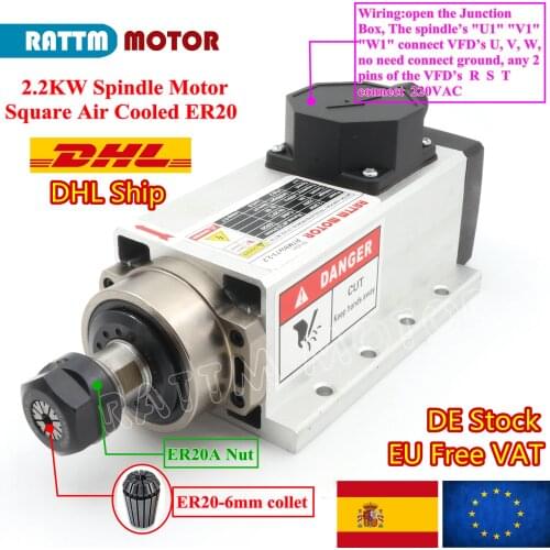 【USA/EU Free VAT】Square 2.2kw ER20 High Quanlity Air Cooled Spindle Motor 220V 400Hz Runout-off 0.01mm 4Pcs Bearing for CNC