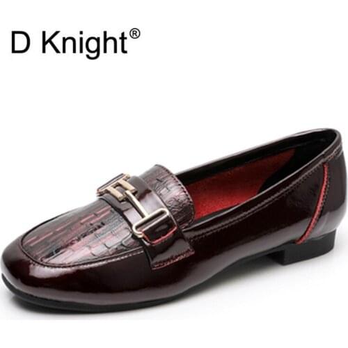 Big Size 35-43 Square Head Casual Flat Shoes Soft British Women Oxfords Patent Leather Loafers Womens Shoes New Genuine Leather