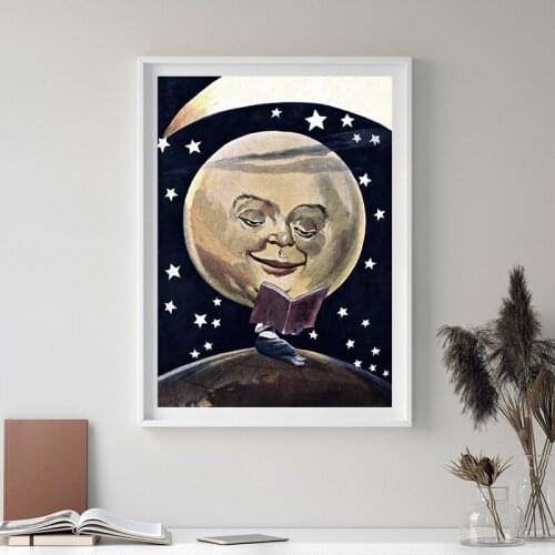 Vintage Reading Illustration Canvas Poster Even The MOON READS Quotes Prints Antique Moon Painting Office Library Wall Art Decor