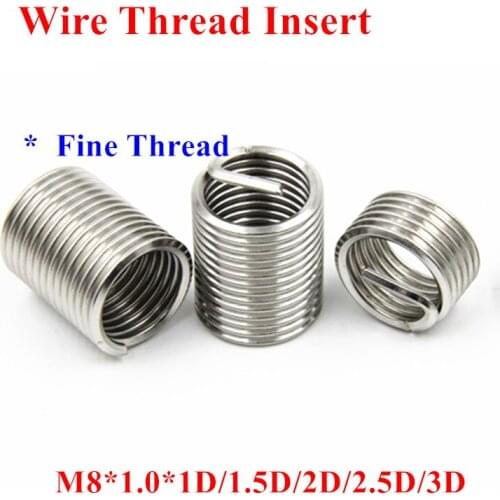 50pcs M8*1.0*1/1.5/2/2.5/3D Wire Thread Insert 304 Stainless steel Screw Bushing, M8 Wire Screw Sleeve Fine Thread Repair Insert