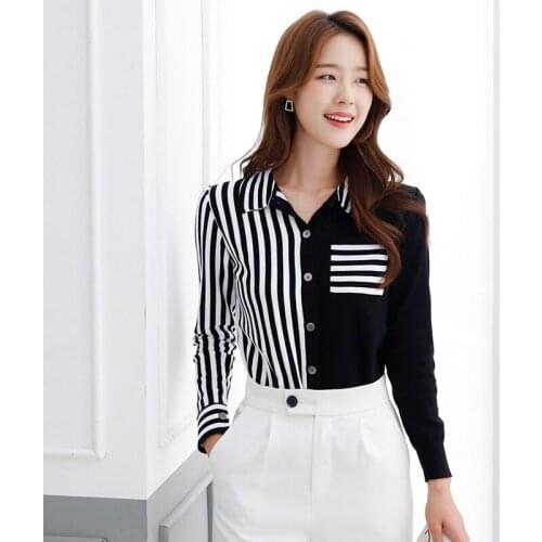 Knitted Cardigan Women Sweaters 2021 Spring Long Sleeve Chic Stripped Turn-Down Collar Jumpers Female Top Outwear DGSR080