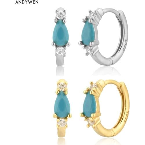 ANDYWEN 925 Sterling Silver Gold Blue 9mm Huggies Piercing Clips Hoops Women Fashion Luxury Crystal Jewelry 2020 Rock Punk