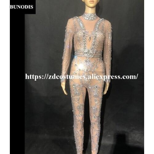 ZD227 Women Sexy Jumpsuit Net Yarn Transparen Silver Glass Sparkling Crystals White Pearls Nightclub Party Stage Wear Costumes