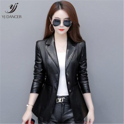 2019 Spring Autumn New Pu Leather Womens Short Section Slim Slimming Suit Collar Small Leather Jacket Large Size Jacket H00904