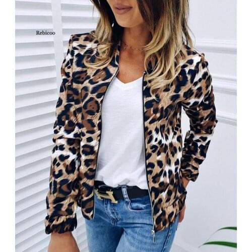 Womens Leopard Print Zip-Up Jacket Autumn Retro Coat Winter Basic Long Sleeve Plus Size Short Motorcycle Biker Jackets