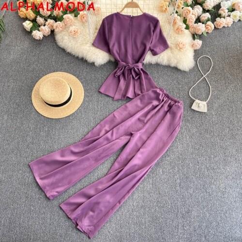 ALPHALMODA Summer Women Formal Work 2pcs Clothes Suit Short-sleeved Tie Waist Shirt + Pants 2pcs Solid Set