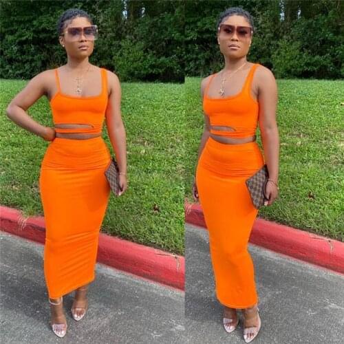 Thorn Tree Summer Women 2 Pieces Set Sleeveless Hollow Out Tank Crop Tops Long Maxi Skirts Sexy Night Club Tracksuits Streetwear