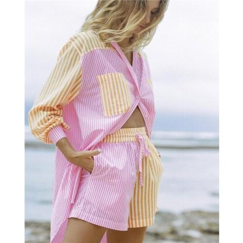 Women Colorblock Striped Shorts Sets Casual Vacation Two Pieces Long Sleeves Loose Shirt+Elastic Waist Shorts Streetwear