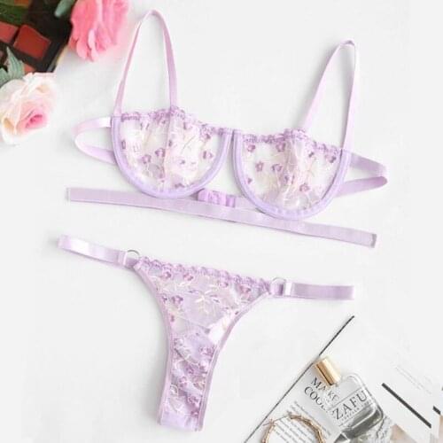 Hot sale new style womens thin section mesh embroidered sexy underwear underwire gather bra panty set thong sexy lingerie set