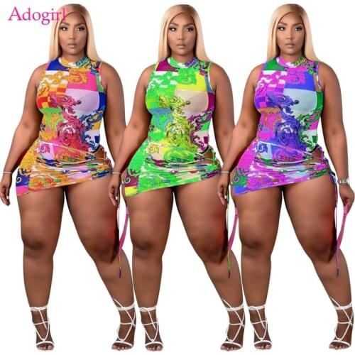 Adogirl Gold Floral Plaid Print Women Sexy Two Piece Set Sleeveless Bodysuit Cross Lace Up Mini Skirt Fashion Club Suit Swimwear