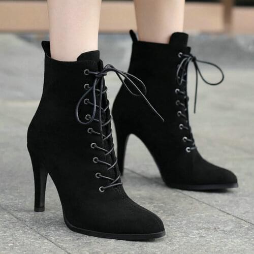 2021 Women Ankle Boots Faux Suede Pointed Toe Thin High Heel Ladies Short Boots Cross Tied Dress Womens Boots Black Beige