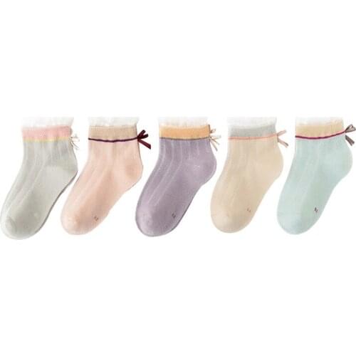 5 Pairs/lot 1 to 12 Years Kids Summer Cotton Baby Girl Socks Children Spring Girls Lace Bow Breathable Socks