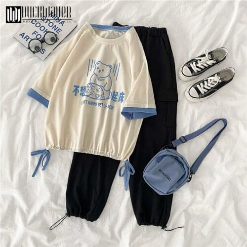 Duckwaver 2021 New Cute Style Sets Women High Quality Cartoon Pictures Tops And Cargo Pants Casual Suits Summer 2 Piece Woman