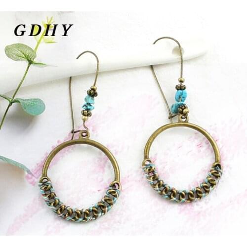 GDHY Retro Bronze Dangle Round Ring Earrings Weave Colorful Rope Colorful Beads Drop Earrings Ear Women Eardrop Jewelry