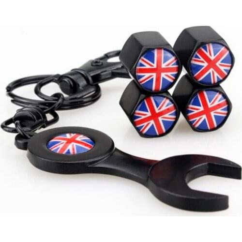 4pcs England Flag Wheel Valve Stems Caps & Wrench Dust Air Cover Car Universal Accessories for MINI One MINI Coopers Cabrio