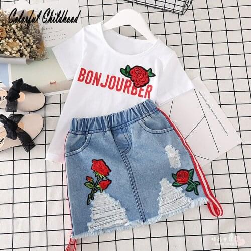 Super star Summer baby Girls Clothing Sets Cotton Children Clothing Fashion Pullover T-Shirt + Denim Dress 2Pcs Baby Clothes