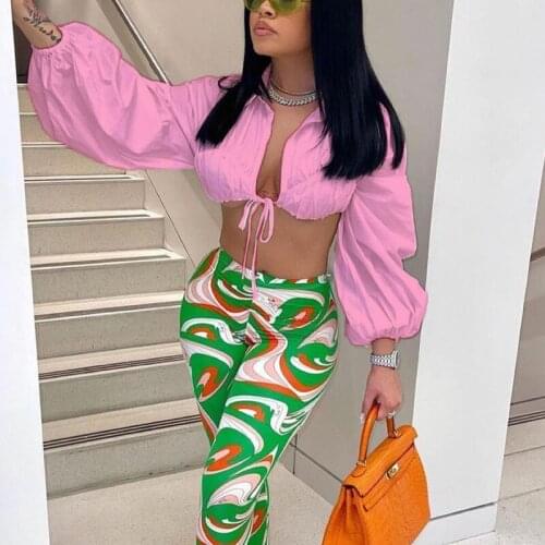 Lantern Sleeve Tie Front Crop Top Shirt Blouse