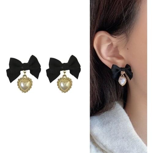 Cute Black Fabric Bowknot Heart Pearl Pendant Earrings 2021 Trend New Arrival Romantic Bow Drop Earrings for Women Girls Teens