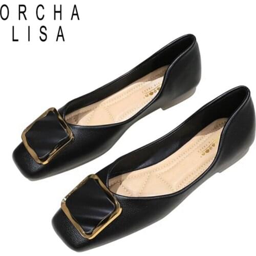 ORCHALISA All-match Square toe Shallow mouth flat Shoes with metal Square buckle Soft sole flat heel Womens single shoes Cool