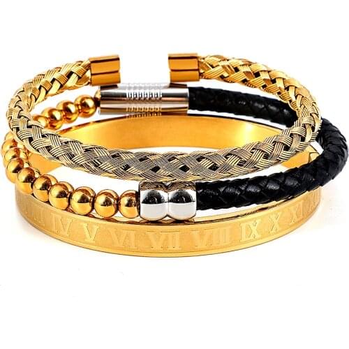 New Fashion Stainless Steel Charm Mens Leather Bracelet Magnetic Clasp Roman Digital Punk Rock Stackable Bracelet Jewelry Gift