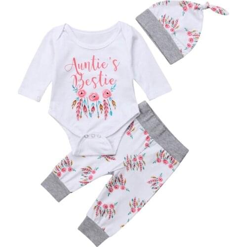 2020 New Summer 0-18M Newborn Baby Girls 3Pcs Set AUNTIES BESITE Letter Print Long Sleeve Bodysuit+Floral Feathers Pants+Hat