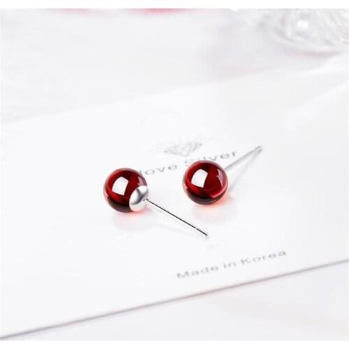 New Arrival Simple Natural Red Garnet 925 Sterling Silver Jewelry Temperament Personality Ball Crystal Stud Earrings SE706