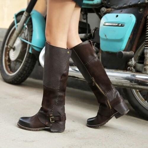 Top Quality Handmade Shoes Woman Genuine Leather Winter Warm Knee High Boots Patchwork Belt Buckle Flat Motorcycle Long Boots