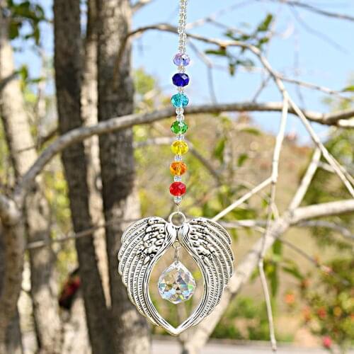 H&D Crystal Angel Wing Pendant with Crystal Ball Rainbow Maker Hangings Suncatcher for Window Home Garden Decor Gifts