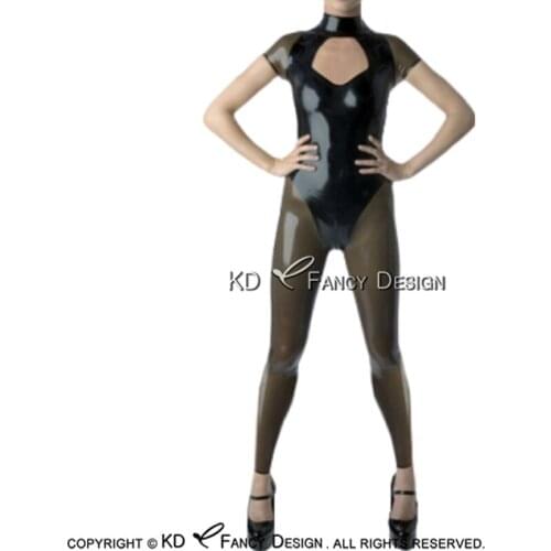 Black And Transparent Black Sexy Latex Catsuit With Short Sleeves Rubber Bodysuit Zentai Overall Body Suit LTY-0193