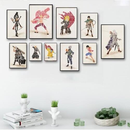 Typographic Japanese Anime Characters Canvas Art Prints Black White Painting Wall Picture for Children Living Room Decor