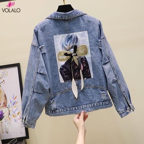 Women Embroidery Flowers Denim Jacket Turn-down Collar Jean Jacket for Women Loose Casual Ripped Holes Jean Coat Female Outwear