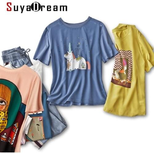SuyaDream Women Print T Shirt 100% Real Silk and Cotton O Neck Short Sleeves Color Shirt 2021 Spring Summer Tee Ginger Green