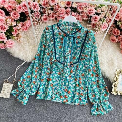 Spring New Products Womens Floral Lace Chiffon Shirt Wooden Ears Stand Collar Loose Thin Puff Sleeve Top C154