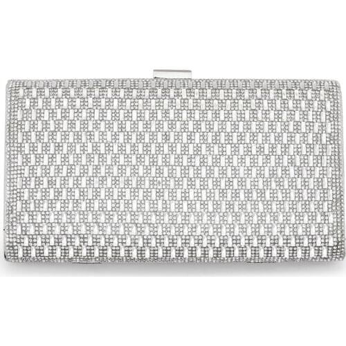 Woman Clutch Bag Metal Frame Evening Hard Case Hand Bag Sparkling Rhinestones Slim Shining Paillette Decor Shoulder Bag Sliver