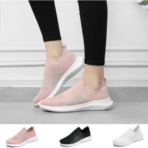 Womens Slip-on Walking Shoes Casual Light Sneakers Woven Mesh Fabric Flat Jogging Shoes