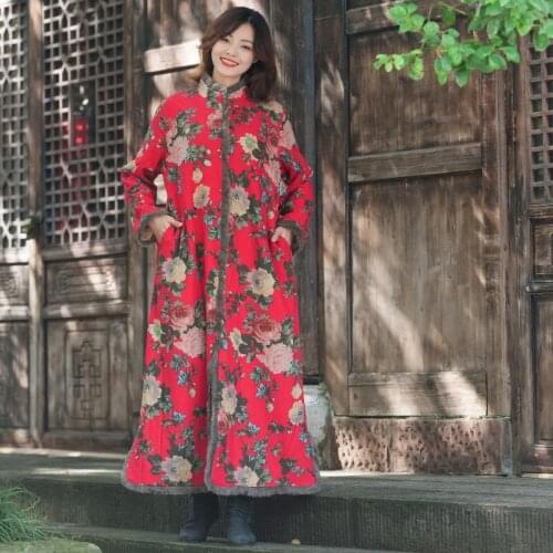 Women Winter Printed Fleeced Coat Outerwear Parkas Female Print Rhick Warm Long Coat Overcoat Ladies Coat 2018