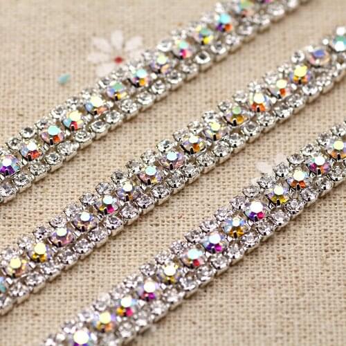 1 yard 3 Rows Crystal + color AB Rhinestone Cup Chain Silver Base With Claw Dress Decoration Trim Applique Sew on Garment Bags