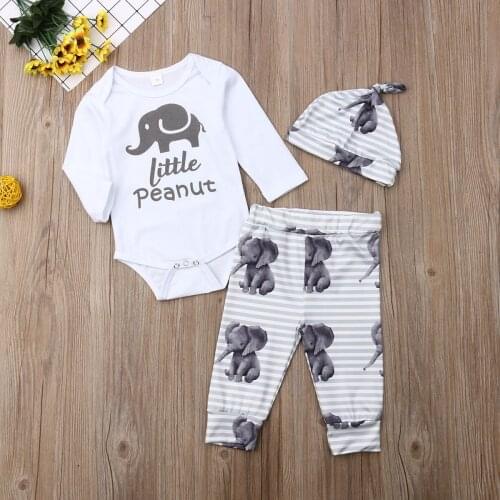 2020 Baby Spring Autumn Clothing Newborn Infant Kid Baby Girl Boy Cartoon Elephant Long Sleeve Romper Tops+Pants Hats 3pcs Sets