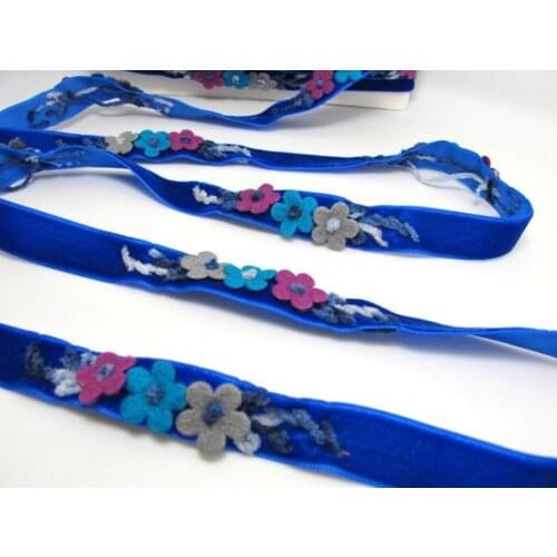 5/8 Inch Felt Flower with Yarn Embroidery on Blue Velvet Ribbon|Sewing|Quilting|Craft Supplies|Hair Accessories|Necklace DIY