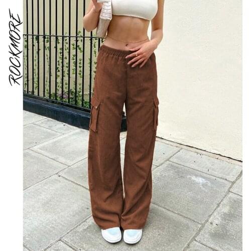 Rockmore Brown Corduroy Wide Leg Pants Y2K Vintage High Waist Straight Trousers Women Casual Autumn Pockets Sweatpants Joggers