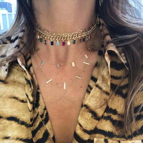 Fashion Gold filled rainbow cz cuban link chain with colorful baguette cz drop charm Rock hiphop wedding choker necklace gift