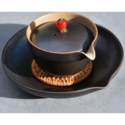 Jingdezhen ceramic teapot, hand-held pot, Xishi pot with rattan mat stoneware pot, handmade retro three-cai bowl set