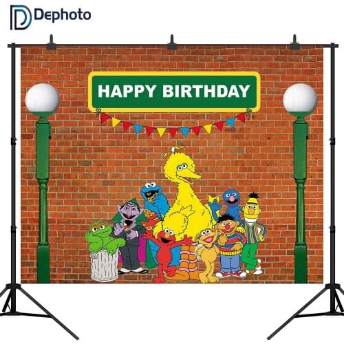 DePhoto Sesame Street Photography Backdrops Red Brick wall Baby Happy Birthday Party Backgrounds for Photo Studio