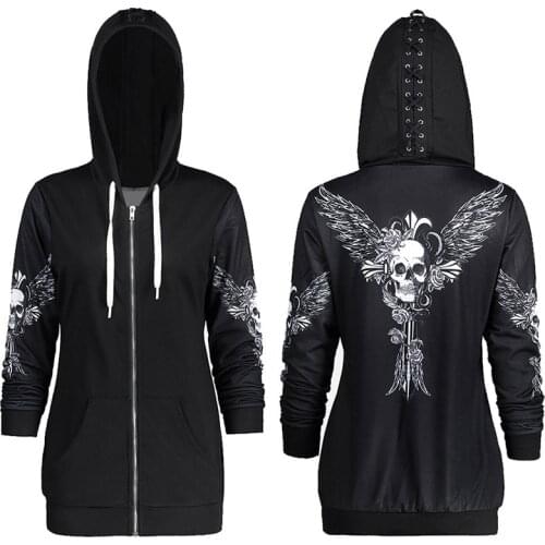 JIEZuoFang Gothic Women Hoodie Sweatshirt Black Skull Wing Print Zip Up Loose Lace-Up Casual Plus Size Darkness Street Hoodie