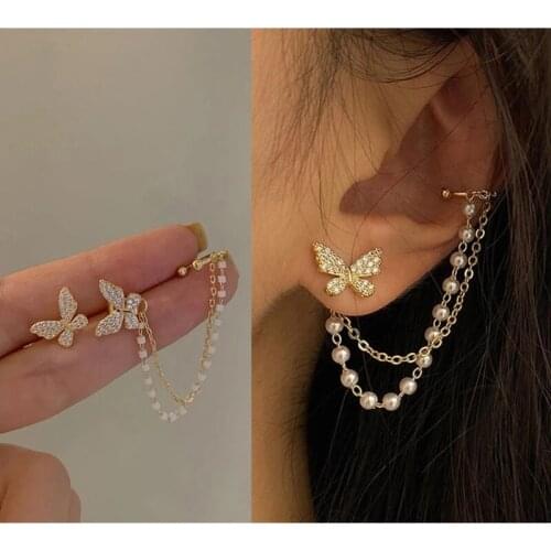 Korean Elegant Cute Rhinestone Butterfly Stud Earrings for Women Girls Fashion Metal Chain Earring Jewelry Gifts