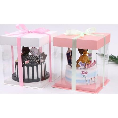 Event Party 6/8 Inch Square Birthday Cake Display Packaging PET Wedding Candy Decorating Gift Box Ribbon 5 Set/lot