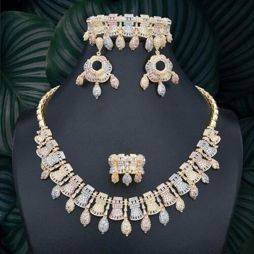 ModemAngel Luxury Special Shape Cubic Zirconia 3 Tone Engagement Wedding Bridal Necklace Bracelet Earring Ring Set