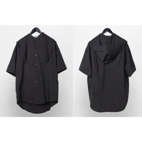 Mens Dark Retro Hong Kong Style Shirt / Removable Hooded Shirt / Mens Short Sleeve Shirt
